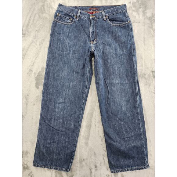 Vintage Eddie Bauer Flannel Lined Denim Jeans Size 35 x 30 Blue Straight Leg - Picture 1 of 16